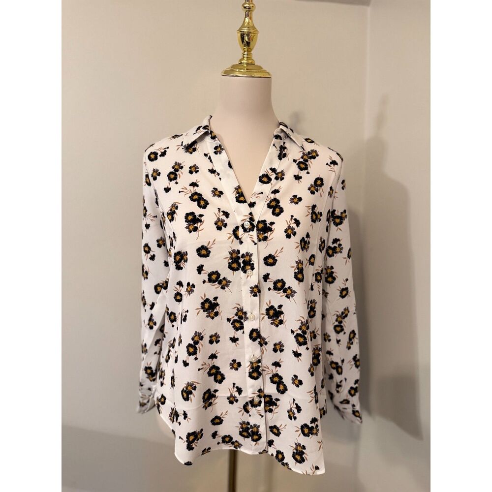 Ann Taylor Petite Floral Button Down Blouse Women’s MP White Black Long Sleeve